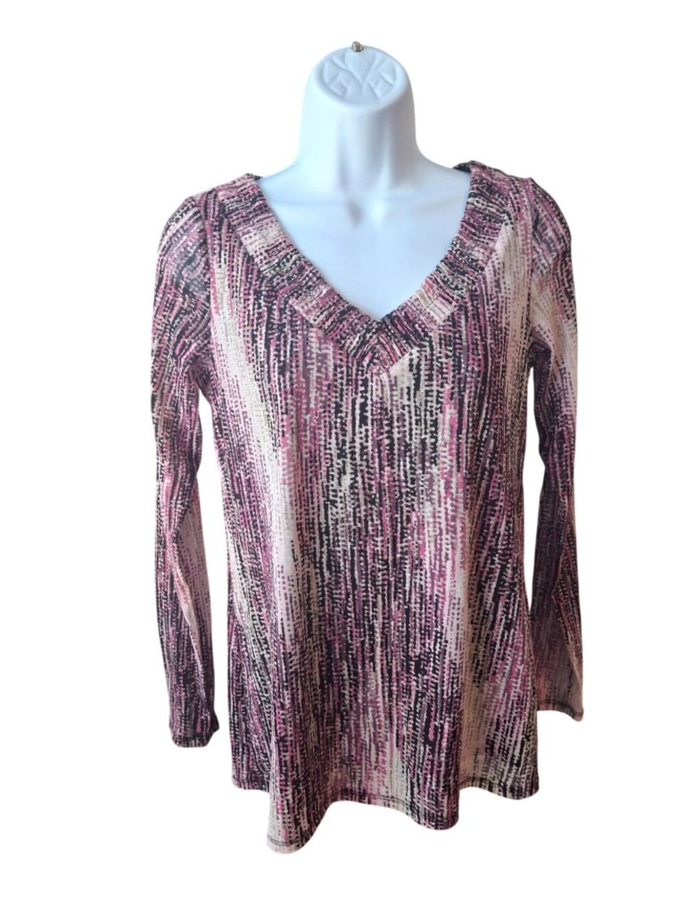 Axcess V-Neck Top Pink Abstract Small Y2K Boho Stretch Career Blouse Chic
